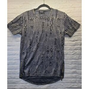 7even Souls Distressed Side Zip Mens T-Shirt L Grey Gold Streetwear NEW